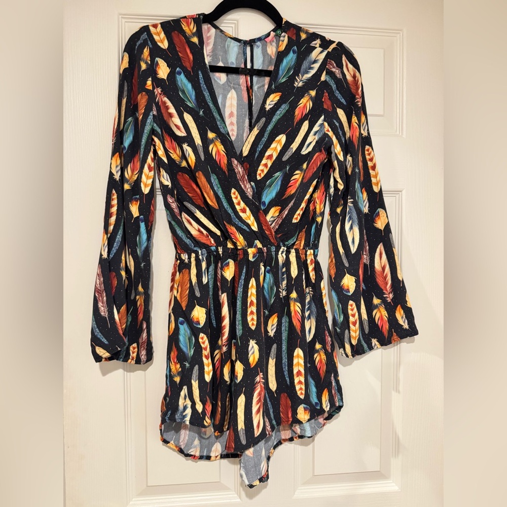 FARM Rio Multicolor Feather Print Long Sleeve Romper